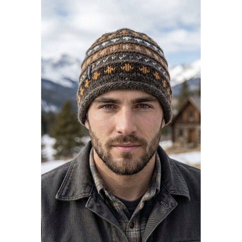 Everest Designs Cap Brown Charcoal 100% Wool Fleece Lined Roll Beanie Hat Nepal